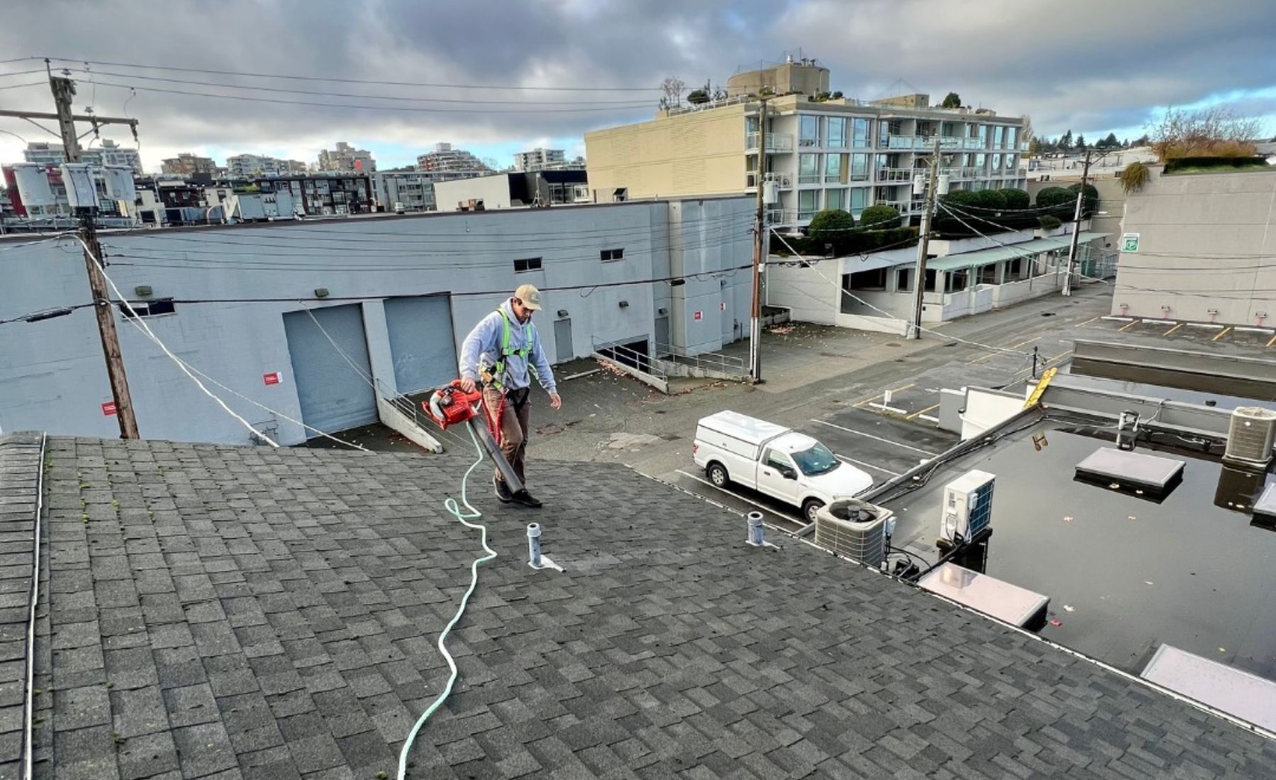 Roof moss removal in progress on a Vancouver roof